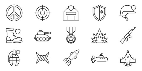 Fototapeta premium Line Icons Set Featuring Military, War, and Peace Symbols A Comprehensive Collection of Defense and Conflict-Related Vector Graphics