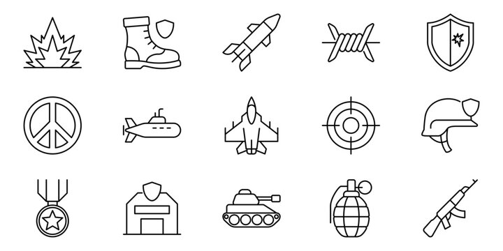 Versatile icon collection of modern outline military and defense vector icons, featuring symbols of war, security, peace, and armed forces for digital design projects