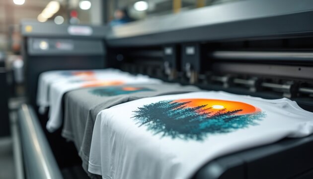 Modern printing machine applies designs onto t-shirts in a clean factory. Shirts get custom graphics like sunset forest scenes, ready for sale. Apparel production advances.