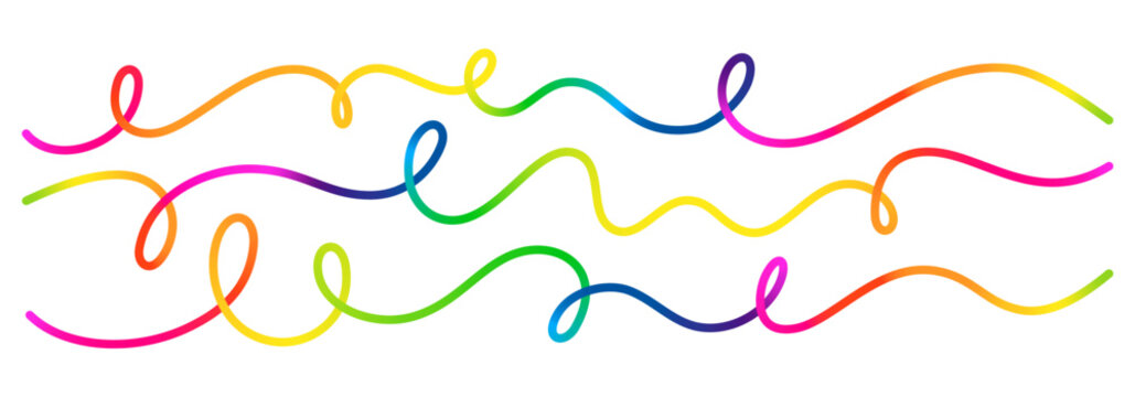 Curve Wave Vector Lines. Abstract Flow Ribbons with Rainbow Color Gradient. Continuous Squiggle Shapes Pattern. Horizontal Swirl Gradient Lines Isolated on Background.
