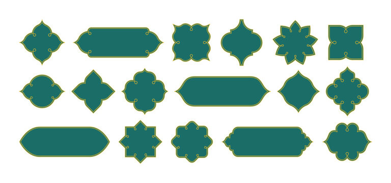 PrintRamadan Frame Shapes with Ornamental Borders. Islamic Arch Logo Design Element. Simple Retro Muslim Vector Labels with Arabian Patterns. Green Vintage Ramadhan Frames with Golden Motifs.
