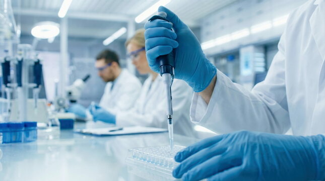 Scientist in blue gloves uses a pipette to transfer liquid samples into a microplate during a modern laboratory experiment. Medical and biotech research.
