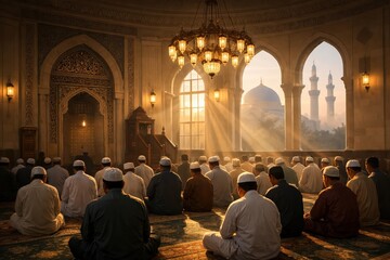 Fototapeta premium A peaceful and serene photo of a mosque in the early morning during Ramadhan