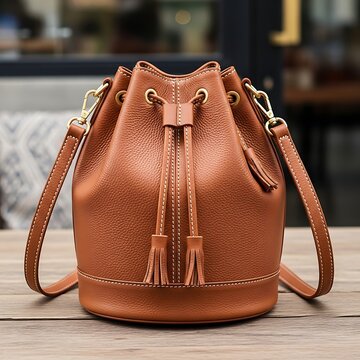 A brown leather bucket bag with drawstring and strap on a wooden table in a room