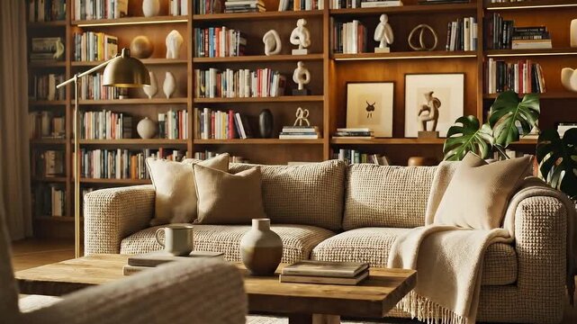 A comfortable, textured sofa sits before a large wooden built-in bookshelf filled with books and decorative objects in a warm living room setting.