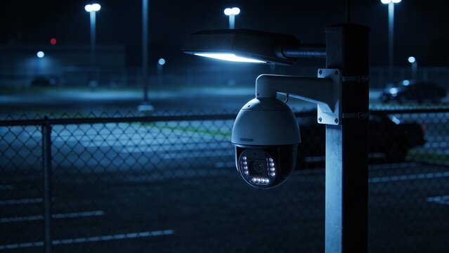 Nighttime security camera over parking lot, surveillance technology for safety and crime prevention, moody blue lighting for privacy and urban vigilance