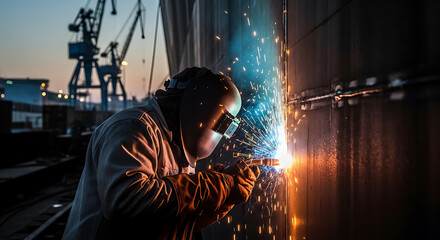 Fototapeta premium Industrial welder working on a metal structure, generating bright sparks in a shipyard environment at dusk.