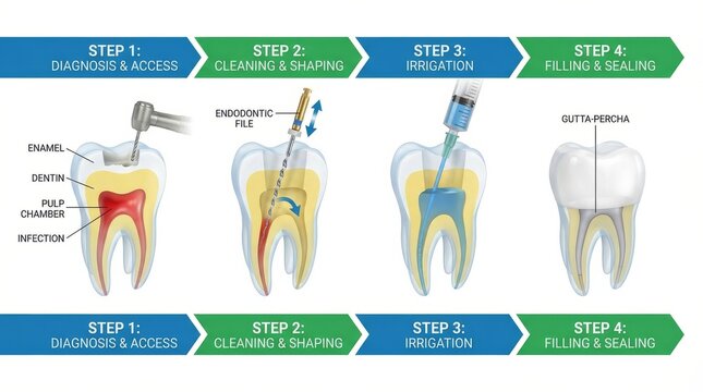 Diagram Illustrating Root Canal Treatment Steps With Dental