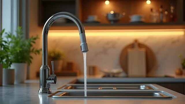 Running water from modern kitchen faucet over clean sink, household hygiene concept, fresh water flow and minimalist home interior with warm ambient lighting