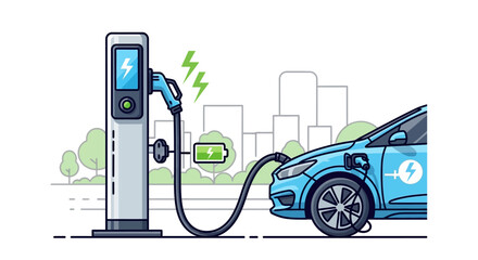 An isolated old public telephone booth stands near a green electric power plug and a gasoline fuel pump nozzle at a street petrol station © nisrinaicca