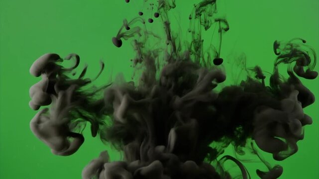 Black ink dissolves and spreads in clear water against a vivid green background