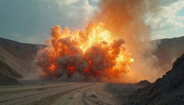 Massive explosion erupts in open cast mine. Rock and debris fly as dust cloud billows. Industrial blasting operation creates fiery blast in quarry.
