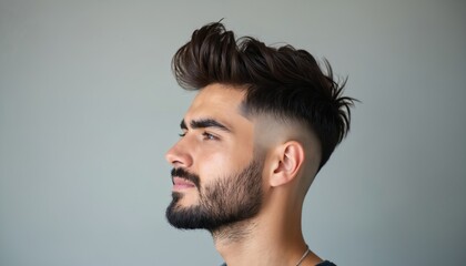 Fototapeta premium Profile view of young man with trendy undercut hairstyle, beard. Dark hair styled upwards with fade on sides, back. Features sharp, expression confident. Wears casual attire. Studio background plain