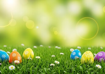 Six painted easter eggs celebrating a Happy Easter on a spring day with a green grass meadow, bright sunlight and a warm colour background with copy space. Wallpaper, Illustration | photo