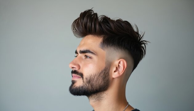 Profile view of young man with trendy undercut hairstyle, beard. Dark hair styled upwards with fade on sides, back. Features sharp, expression confident. Wears casual attire. Studio background plain