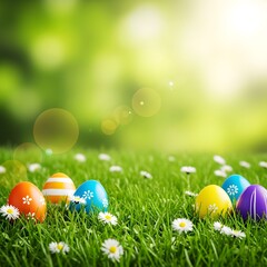 Six painted easter eggs celebrating a Happy Easter on a spring day with a green grass meadow, bright sunlight and a warm colour background with copy space. Wallpaper, Illustration | photo
