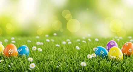 Six painted easter eggs celebrating a Happy Easter on a spring day with a green grass meadow, bright sunlight and a warm colour background with copy space. Wallpaper, Illustration | photo