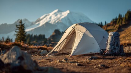 Camping near a mountain at sunset with a tent and backpack visible in the foreground