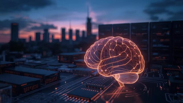 Neon glowing brain circuit cityscape at dusk. wireframe neural network hovering futuristic glow
