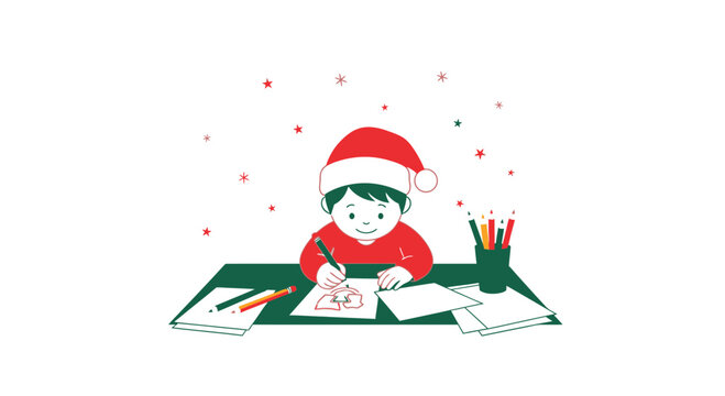 Child In Santa Hat Draws A Festive Christmas Picture With Pencils