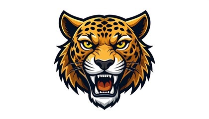 Fototapeta premium Fierce jaguar head with sharp teeth and golden fur, isolated on white, graphic style