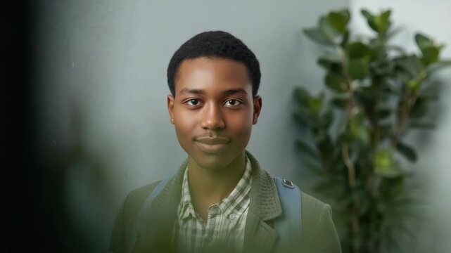 Young person smiling green jacket checked shirt indoor plant background smiling student portrait