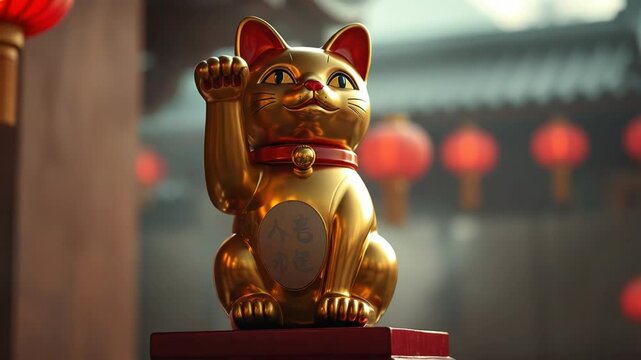 Golden Maneki Neko Statue with Red Lanterns.