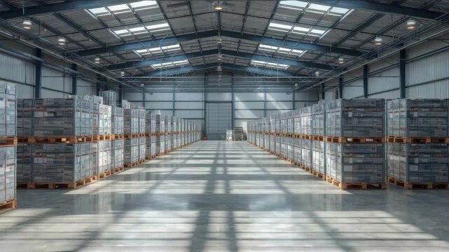 Spacious industrial warehouse aisle with stacked pallets and pallet rack skylight beams casting