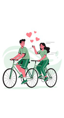 Obraz premium Couple Cycling Together Amidst Falling Hearts Symbolizing Love and Joyful Connection