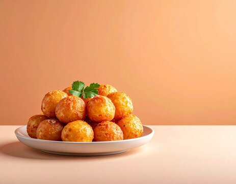 fried snack balls on plate with parsley garnish