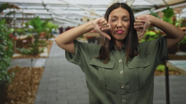 Young hispanic brunette woman shows both thumbs down gesture at outdoor market under canopy; consumer feedback disapproval.