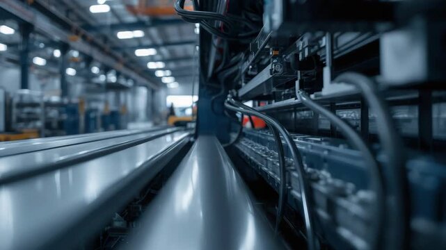 Industrial production line with metal roller conveyors and automated machinery modern factory