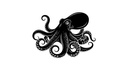 Black octopus with curled tentacles illustration. © rohmat