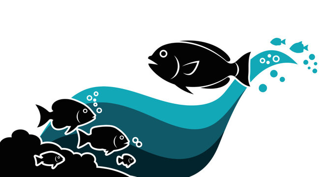 Black fish swimming in water wave.