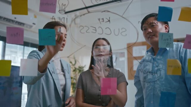 Group of asian creative business brain storm meeting presentation,discussing roadmap to product launch, planning,strategy,new business development,working with new startup project in office.