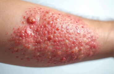 Fototapeta premium Close up view of arm skin with rash, red bumps, blisters and inflammation. Medical condition, irritation, allergy, or insect bites cause discomfort and skin problems.