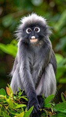 Close-up of a Dusky Leaf Monkey, sitting amongst leafy green foliage, looking at camera