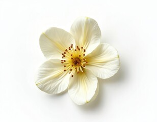 Obraz premium White blooming flower with yellow center and brown stamens. Delicate petals spread open on white background. Isolated blossom with clipping path ideal for beauty and nature themes.