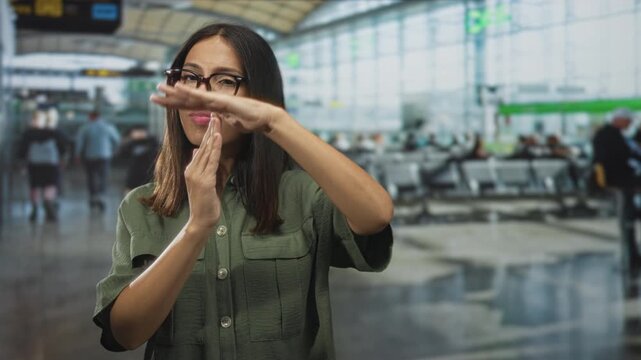 Woman with hands in timeout gesture at airport terminal wearing glasses and olive green shirt, facing camera; delay assertion.
