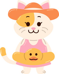 Fototapeta premium Cute Cartoon Cat Mascot Character with Duck Float Toy on Beach