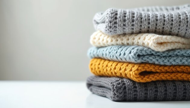 Stack of folded knitted sweaters in pastel and warm colors sits on a white table. Cozy apparel for cool weather is neatly piled. Perfect for fashion blogs, home decor, or winter collections.