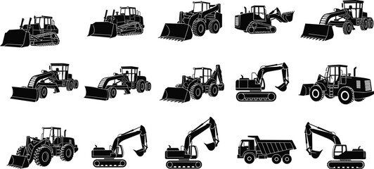 Construction Heavy Machinery Vector Silhouette Icons Set Featuring Excavators Bulldozers Loaders Dump Trucks Graders and Backhoes for Industrial Earthmoving Equipment Design © Hafiza