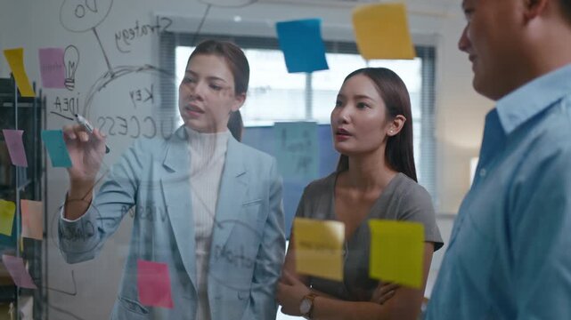 Group of asian creative business brain storm meeting presentation,discussing roadmap to product launch, planning,strategy,new business development,working with new startup project in office.