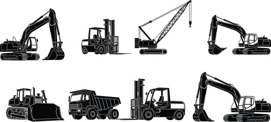 Heavy Construction Machinery Vector Silhouettes Set Featuring Excavators Crane Forklift Bulldozer and Dump Truck Icons for Industrial Building Site Design © Hafiza