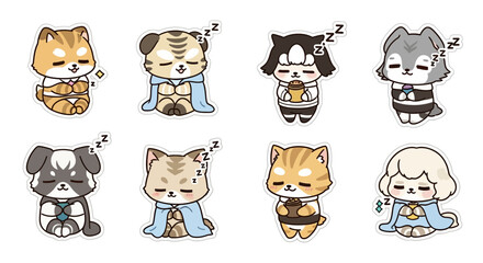 Fototapeta premium A collection of eight adorable cartoon animals, including cats and dogs, depicted in various sleeping and resting poses with blankets and small objects.