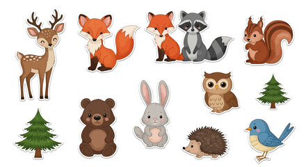 Obraz premium Cute cartoon forest animals and pine trees set on a white background, featuring deer, foxes, raccoon, squirrel, owl, bear, rabbit, hedgehog, and bird.