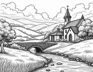 Fototapeta premium Black and white sketch of Irish countryside. Stone bridge over stream leads to church and rolling hills. Trees and clouds complete pastoral scene.