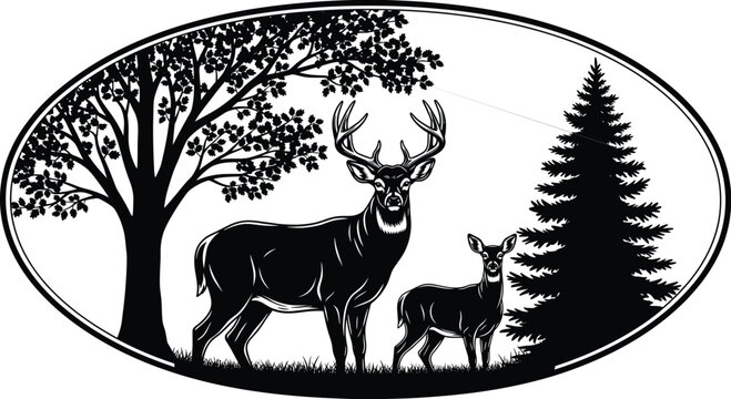 Black silhouette of a male deer buck and doe in a forest landscape with trees and grass, isolated in oval frame.