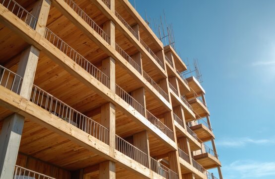 Modern multi story apartment building under construction. Features sustainable timber framework with visible wood floors, balconies, support columns. Blue sky backdrop highlights eco friendly