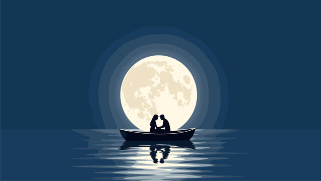 Romantic couple silhouette in a boat on calm water under a large full moon with beautiful reflection at night